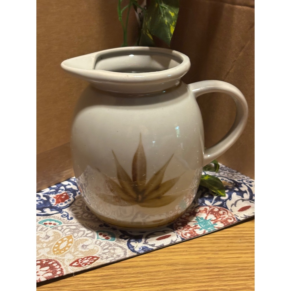 Vintage Stoneware Pitcher Creamer Hand Painted Leaf Design Brown Cream Ceramic
